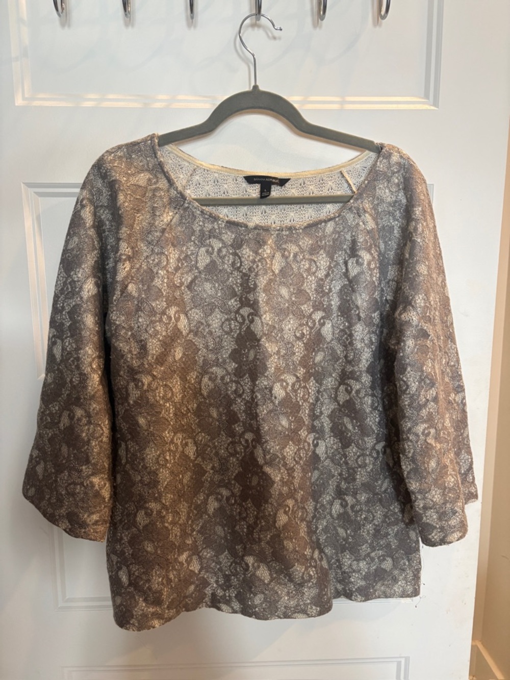 Banana Republic Silver Gray Lace-Overlay Scoop Neck Blouse